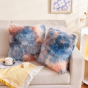 Decorative Shaggy Faux Fur Throw Pillow Cover – 18x18 Inches – Blue & Orange